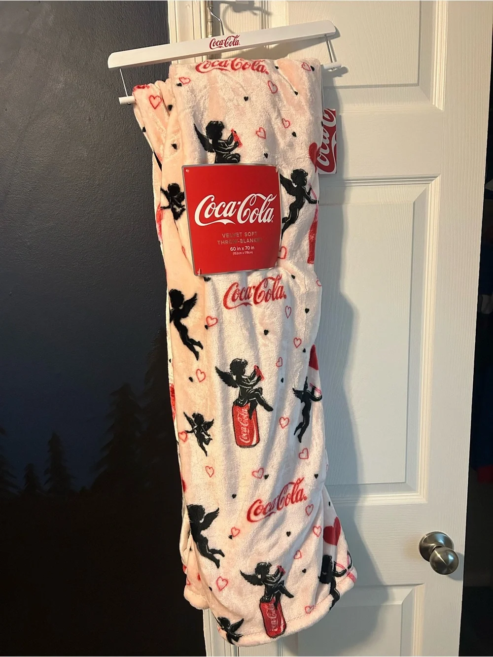 Coca Cola Throw Blanket 60”x70” Pink Cupid Hearts  Coke Can Hearts
